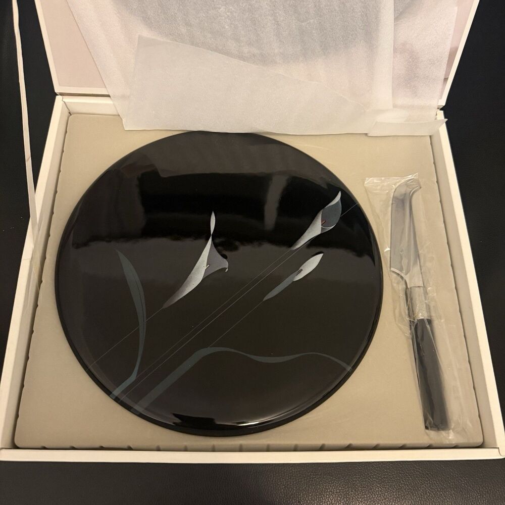 Vintage Mikasa Opus Black Cheese Plate & Knife Set - Galleria Calla Lily In Box